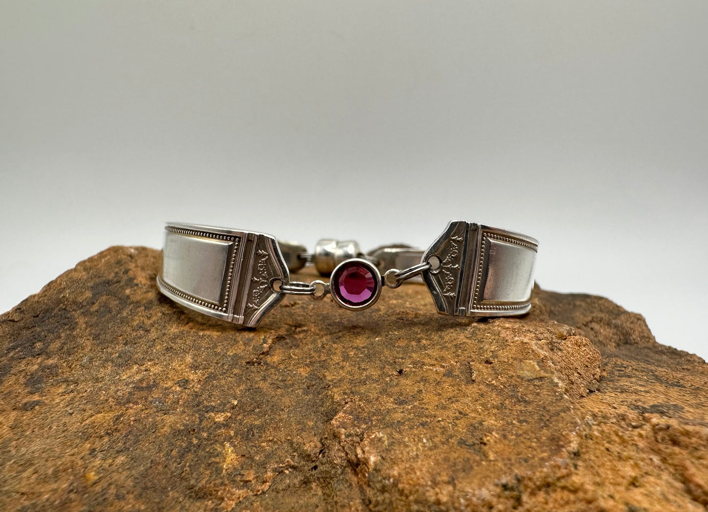 Anniversary (1923) - Vintage Spoon Bracelet with Strong Magnetic Clasp and Gemstone Connector