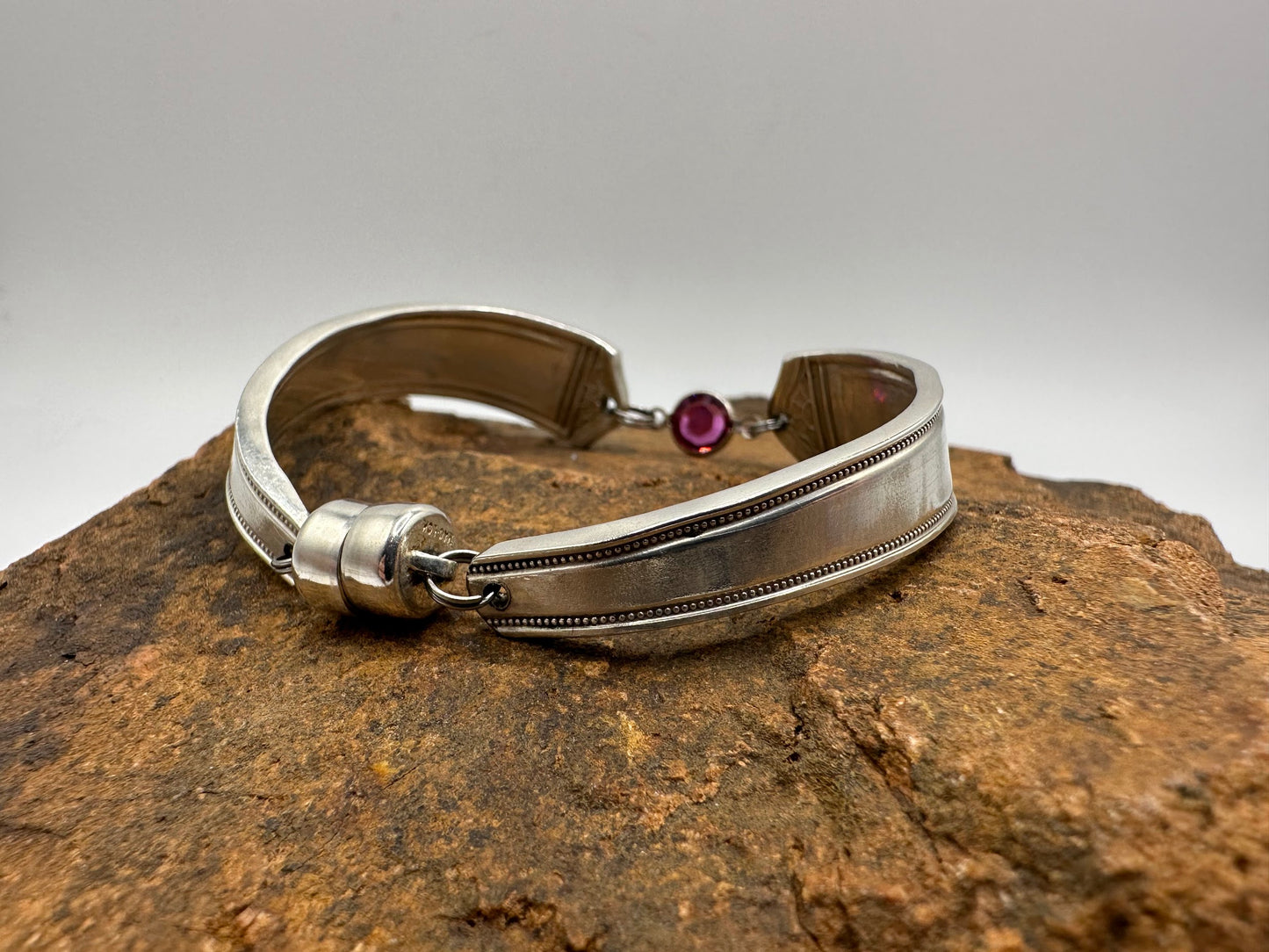 Anniversary (1923) - Vintage Spoon Bracelet with Strong Magnetic Clasp and Gemstone Connector