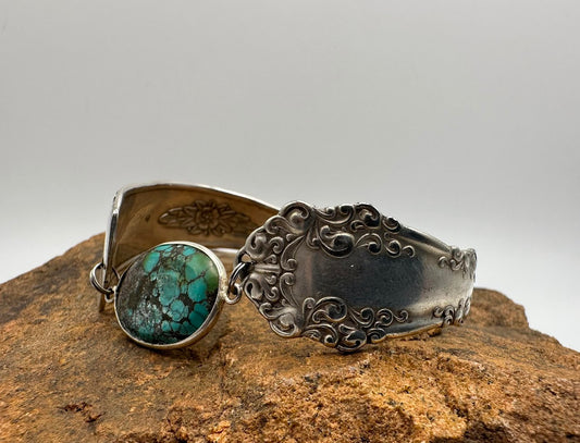 Camelia (1940) and Unknown (1923) - Vintage Spoon Bracelet with Strong Magnetic Clasp and Gemstone Connector