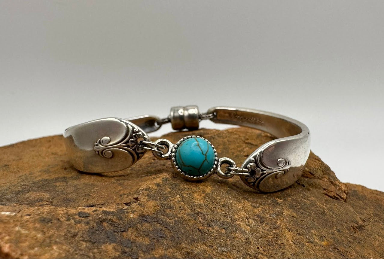 Exquisite (1940) - Vintage Spoon Bracelet with Strong Magnetic Clasp and Gemstone Connector