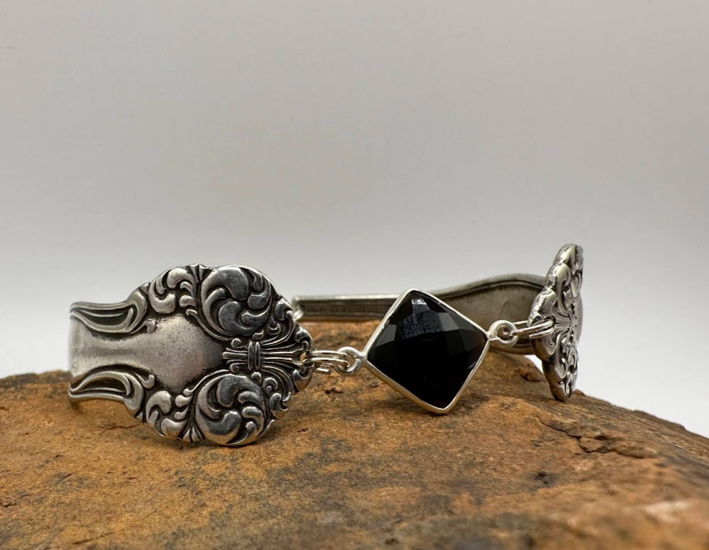 Norma (1900) - Vintage Spoon Bracelet with Strong Magnetic Clasp and Gemstone Connector