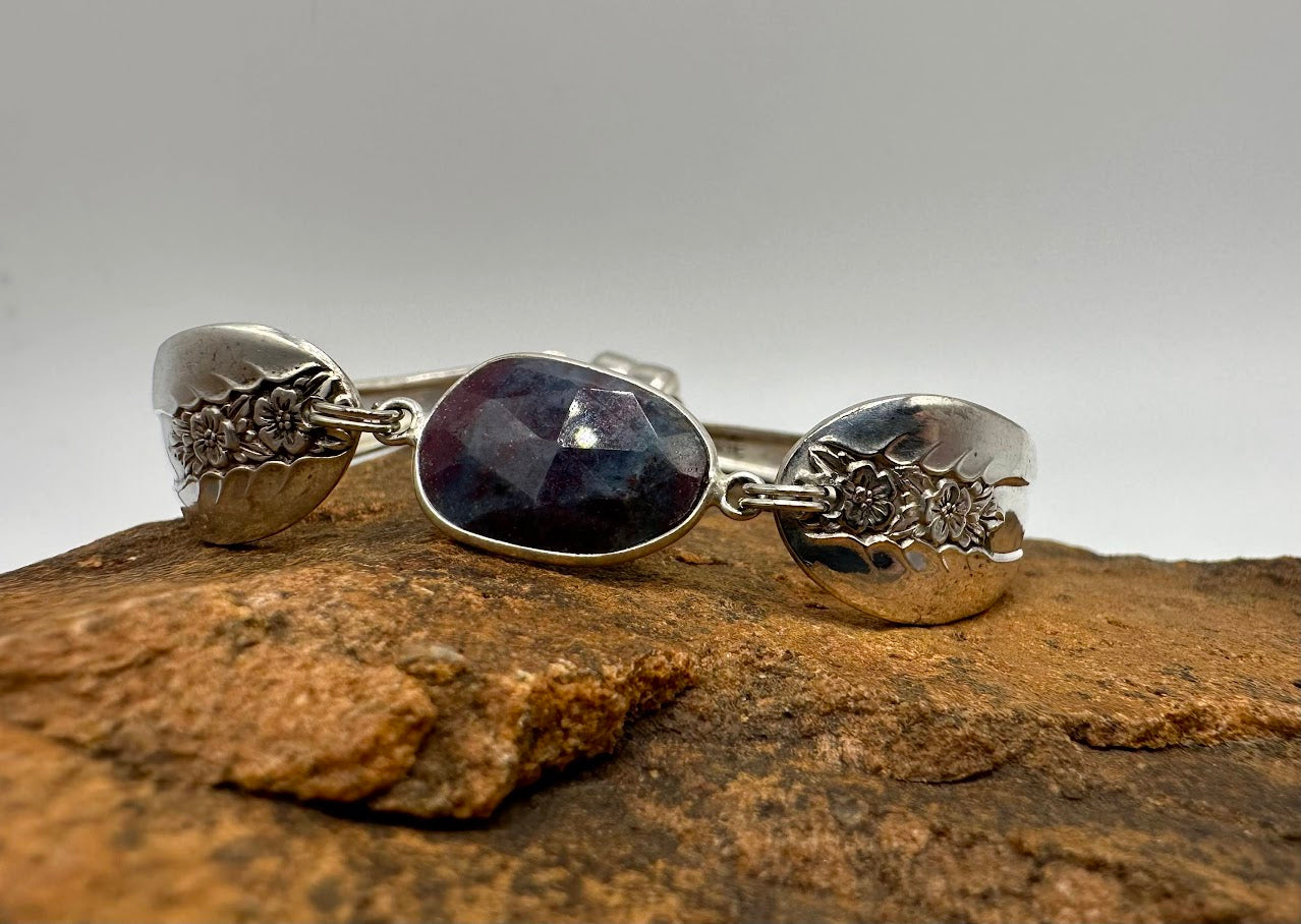 Unknown Pattern and Year - Vintage Spoon Bracelet with Strong Magnetic Clasp and Gemstone Connector