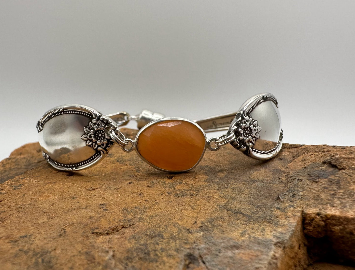 Remembrance (1948) - Vintage Spoon Bracelet with Strong Magnetic Clasp and Gemstone Connector