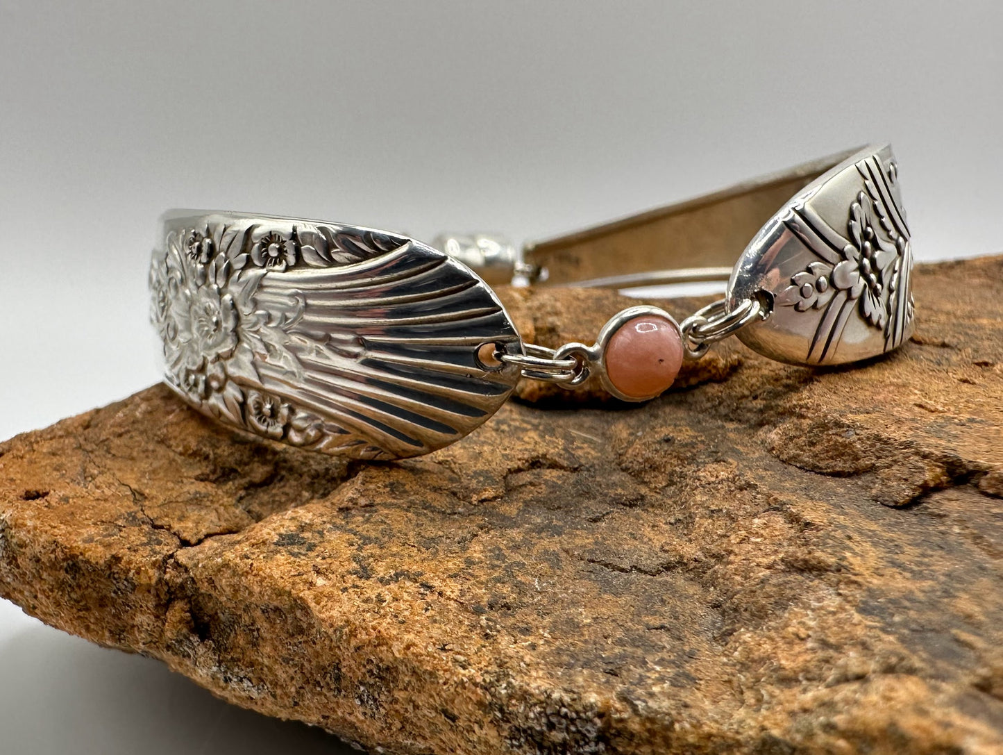 Silver Mist (1935) and La Ronnie (1945) - Vintage Spoon Bracelet with Strong Magnetic Clasp and Gemstone Connector