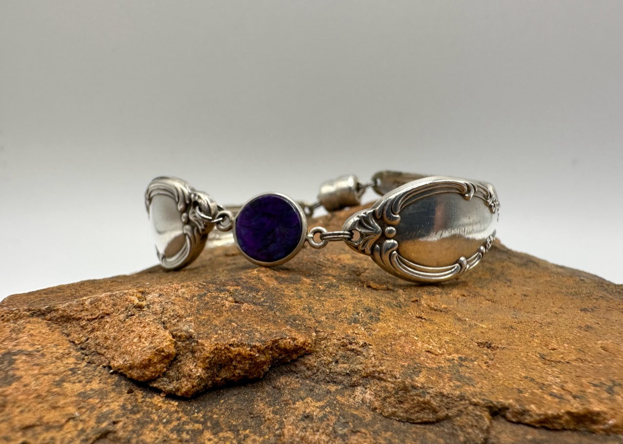 Victorian Rose (1954) - Vintage Spoon Bracelet with Strong Magnetic Clasp and Gemstone Connector