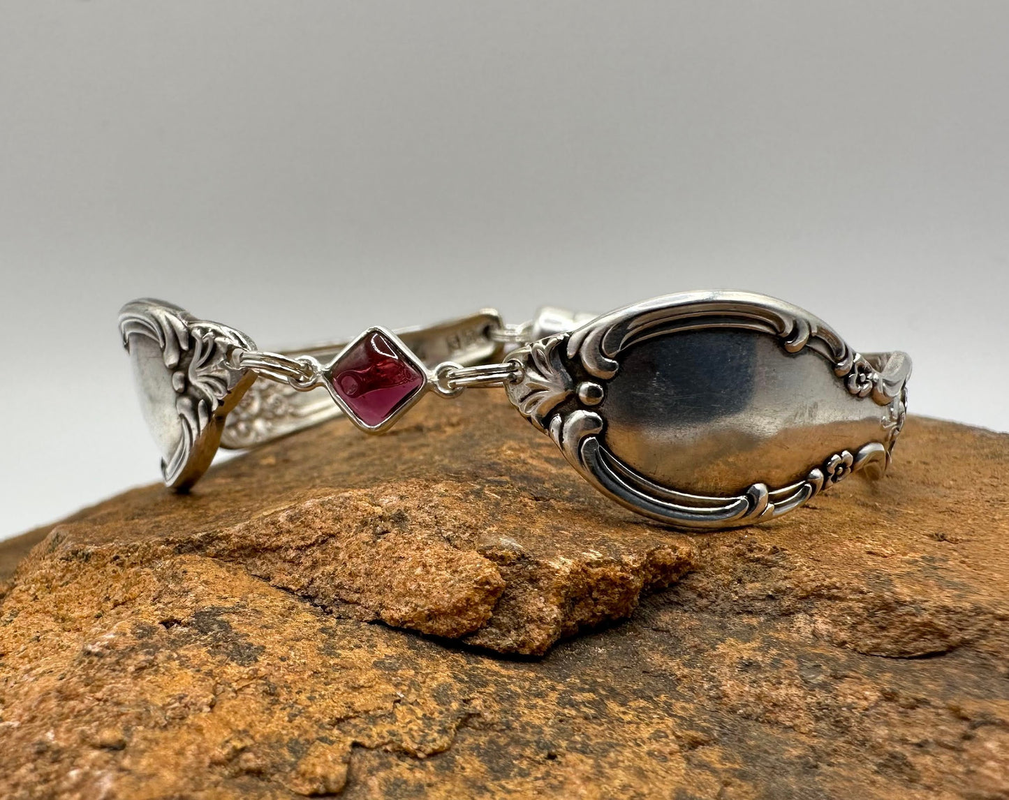 Victorian Rose (1954) - Vintage Spoon Bracelet with Strong Magnetic Clasp and Gemstone Connector