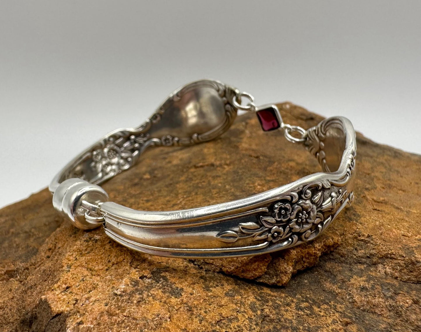 Victorian Rose (1954) - Vintage Spoon Bracelet with Strong Magnetic Clasp and Gemstone Connector